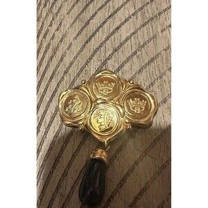 Fendi Vintage Fendista F Four Creat Insignia Crown Black Tear Drop Brooch Gold